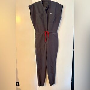 Figs Charcoal Jumpsuit with Scarlet Tie